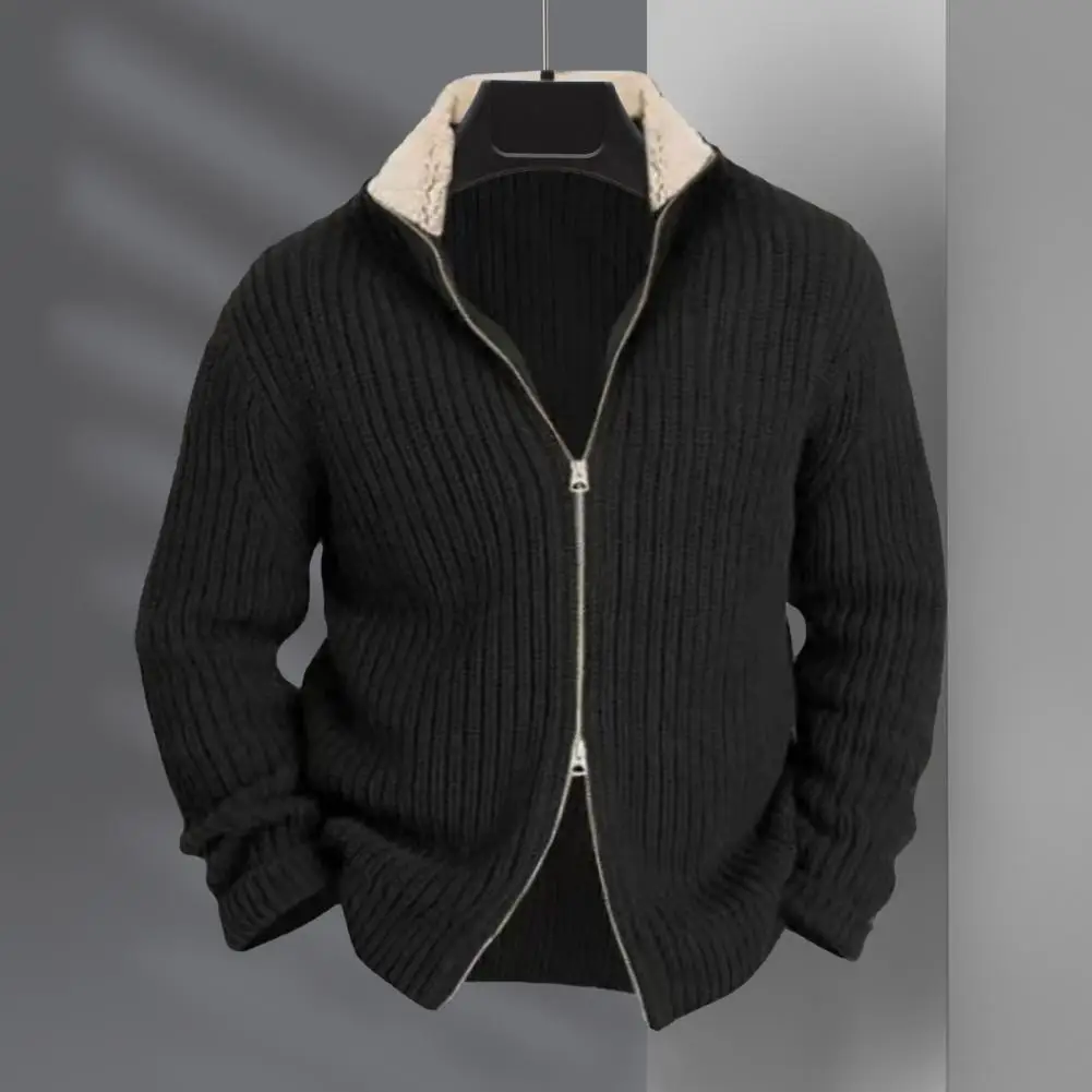 

Knitted Sweater With Zipper Men's Stand Collar Zipper Closure Knitwear Jacket For Business Wear Solid Color Cardigan For Work