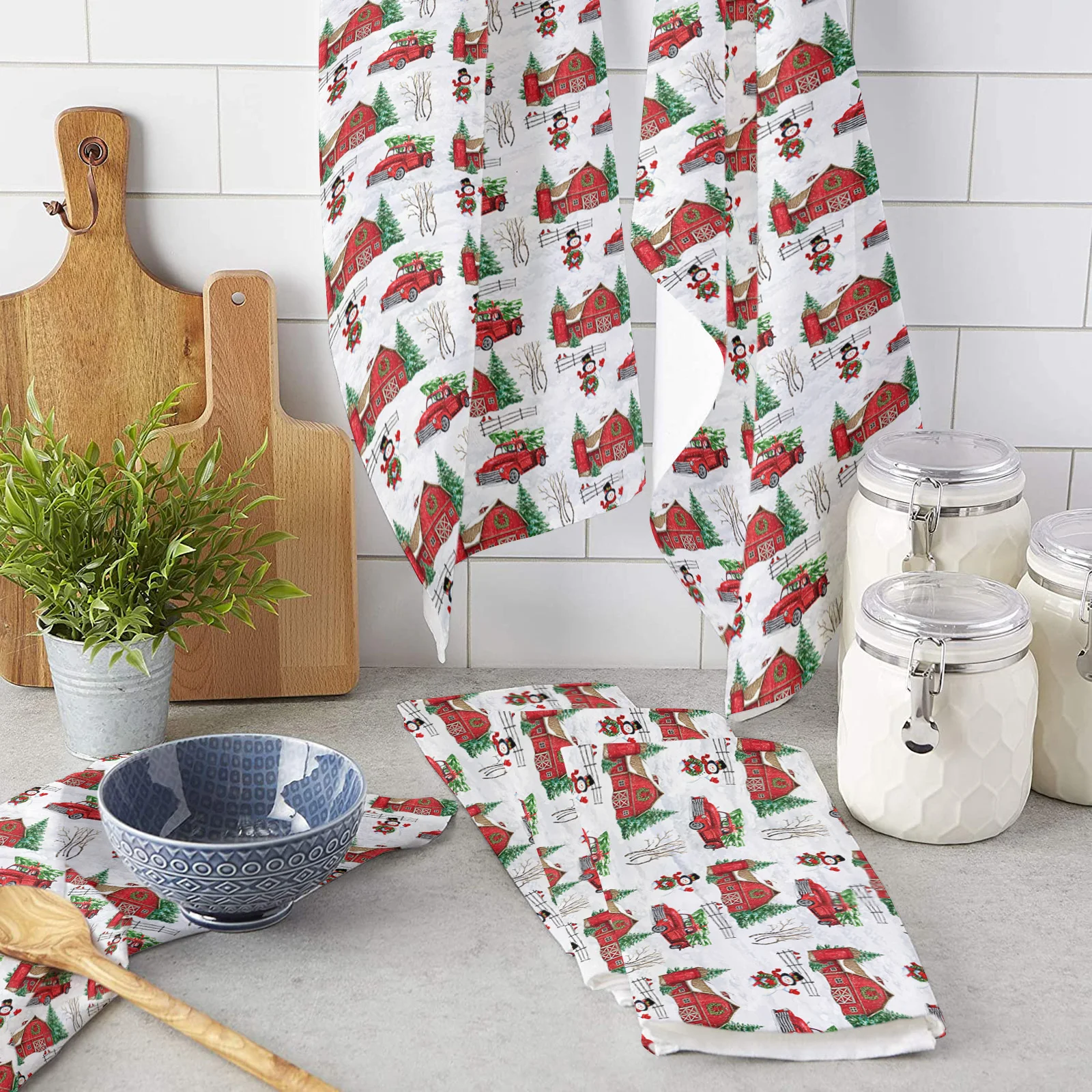 Christmas Winter Farm Red Barn Snowman Car Soft Microfiber Kitchen Towel Absorbent Dish Cloth Towels Kichen Cleaning Supplies