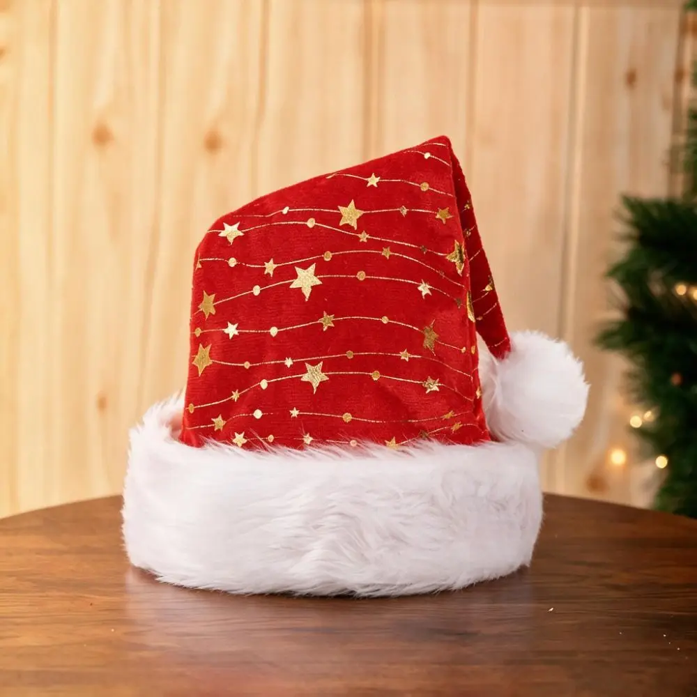 Unisex Fluffy Brim Golden Star Christmas Hat Red with Ball Santa Hat Velvet Thickened Christmas Decorative Hat Gift 2