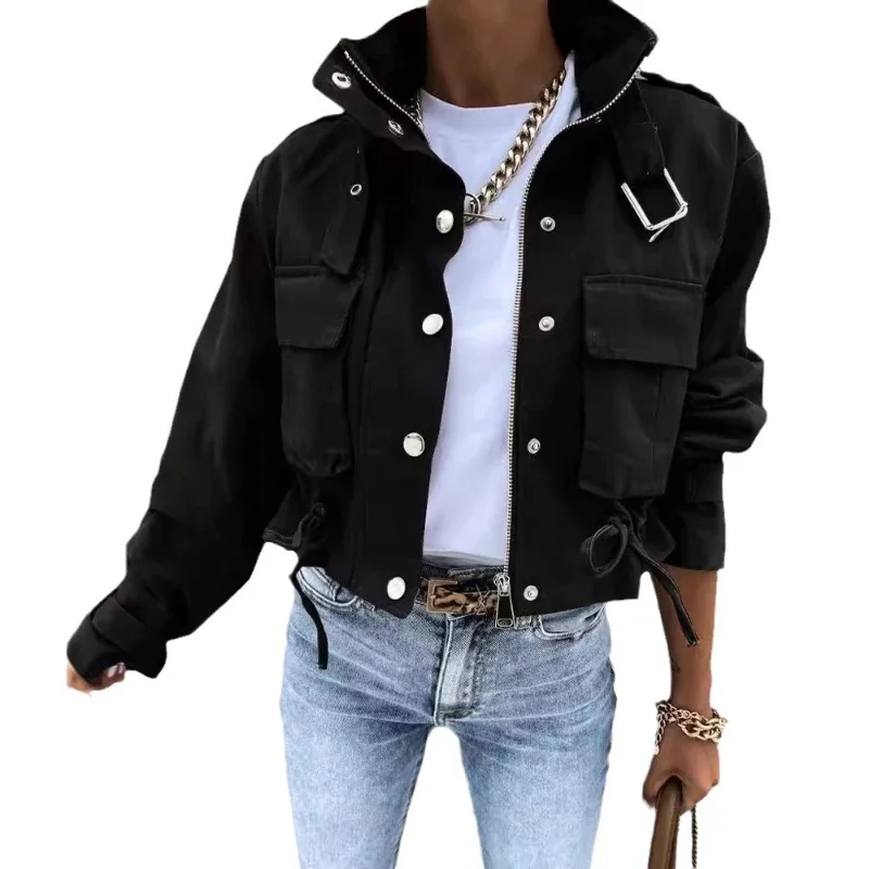 Jackets Women Coats Stand Collar Coat Zipper Print Y2k Tops Streetwear Casual Outerwear Single Breasted Spring Work Jacket