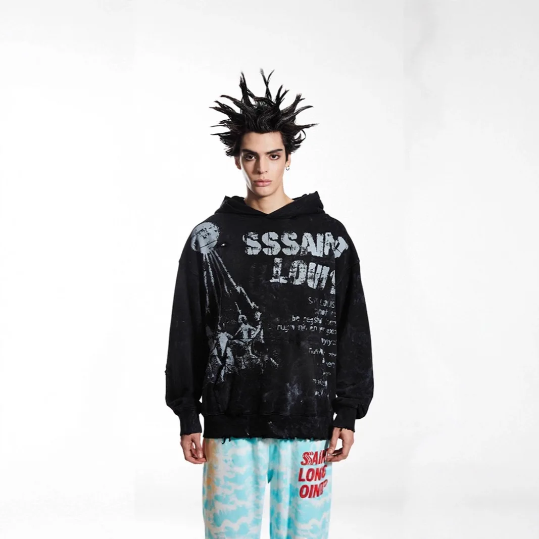 

SSSAINT LOUIS Vintage Letterprint Cool Youth Fashionable Fall-Winter Hooded Sweatshirt for Men and Women Trendy