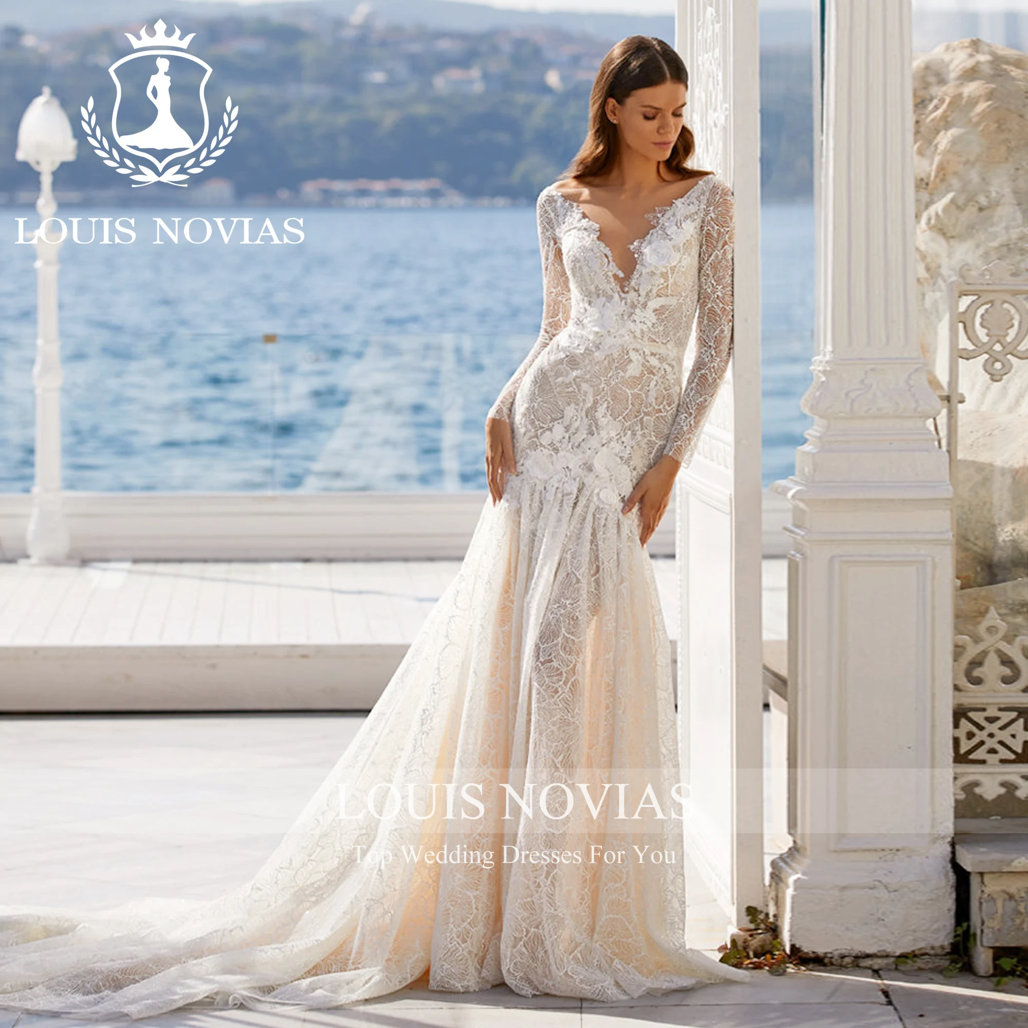 LOUIS NOVIAS-Vestidos De Novia De sirena para mujer, sexys y elegantes apliques De flores 3D, vestido De Novia De trompeta con espalda descubierta, Vestidos De Novia