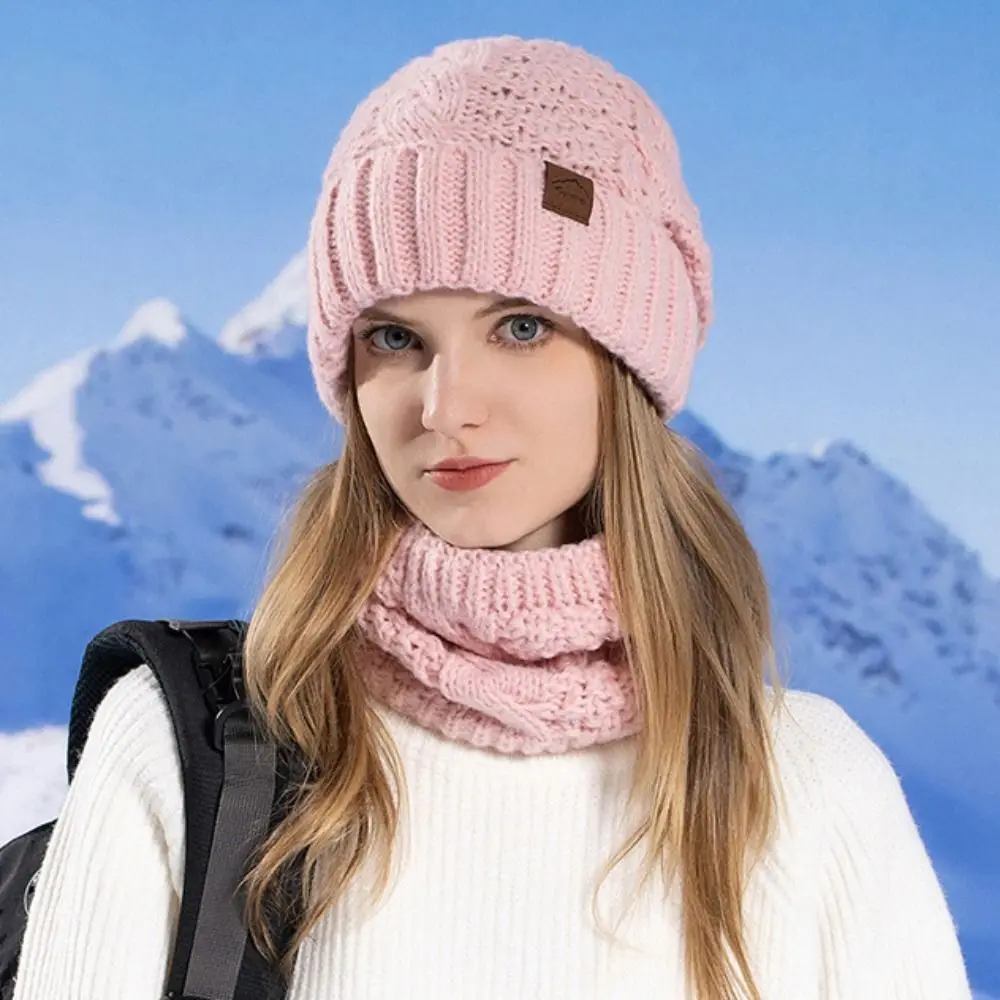 Gorro de invierno suave, conjunto de bufanda, gorro de punto térmico grueso con forro polar, calentador de cuello de diseño elegante, gorro de lana cálido para esquiar