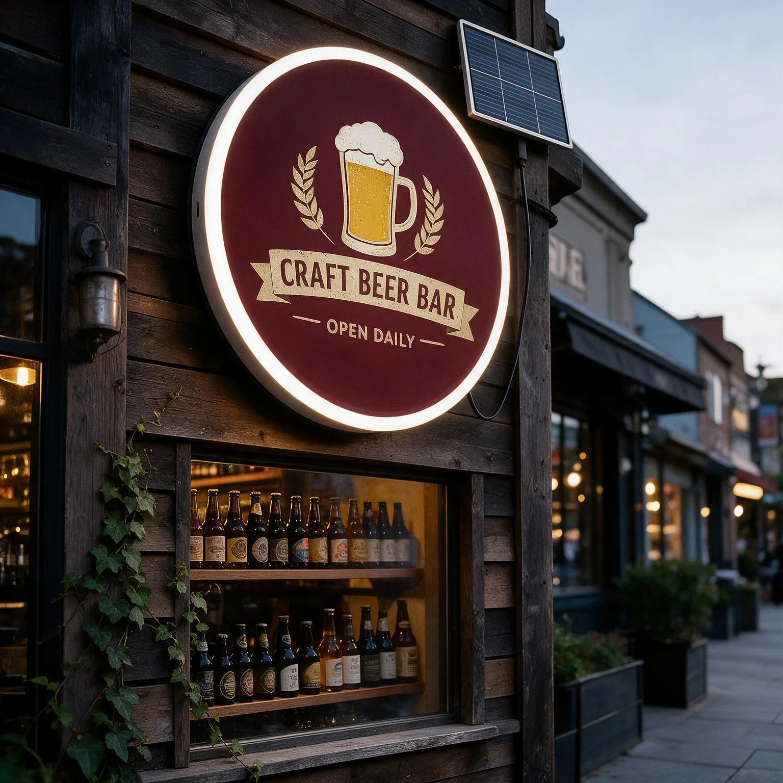 Custom Solar Powered Round Light Box Sign Waterproof Outdoor Wall Mount LED Advertising Signage for Bar Shop Coffee Shop