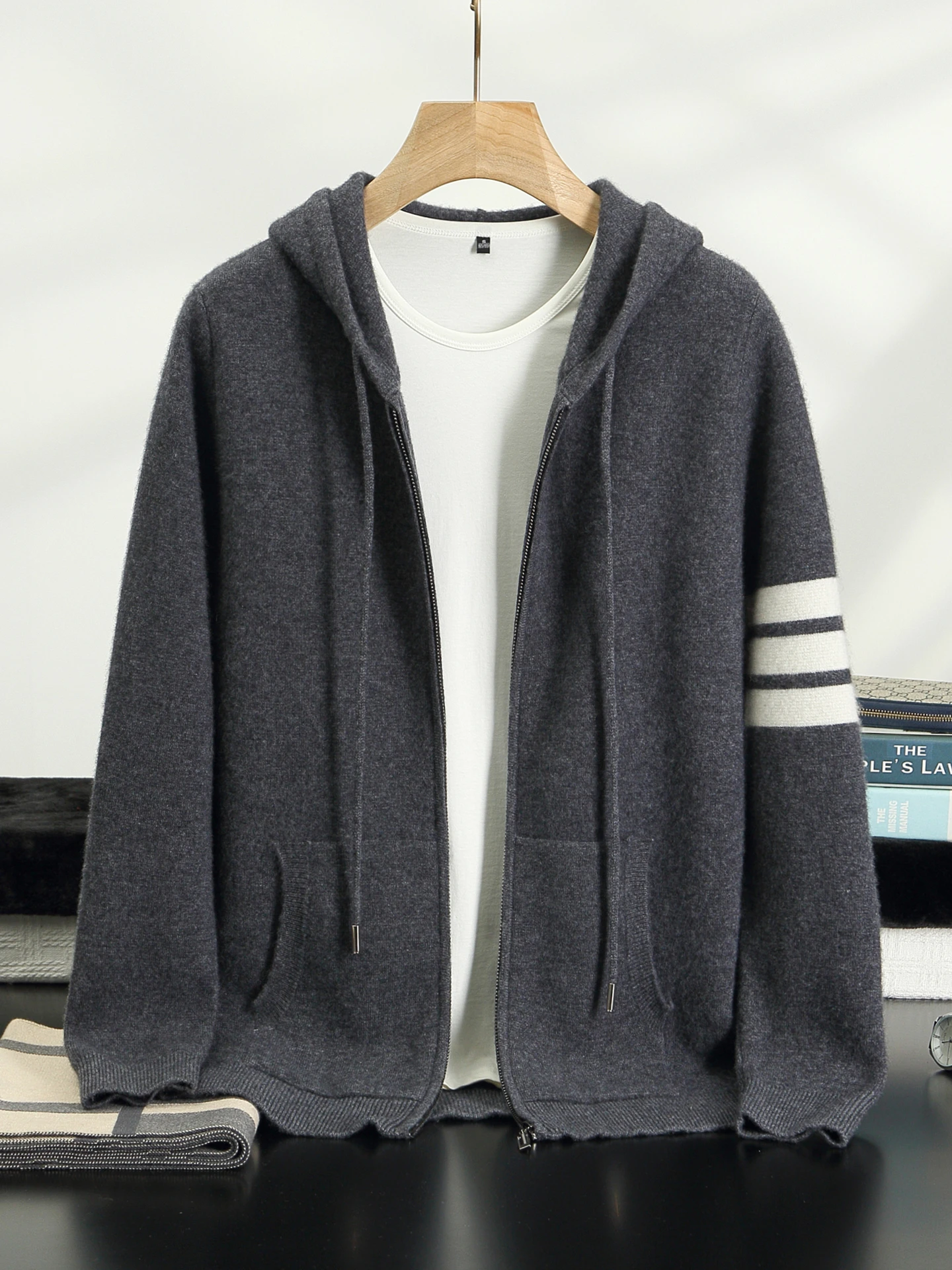 Autumn Winter New100% Cashmere Cardigan Sweater Men's Hooded Zipper Smart Casual Knit Jacket Basic Long Sleeve Tops Unisex Thick