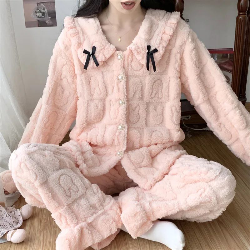 

Sweet Coral Fleece Pajamas Warm Autumn Winter Long Sleeved Cardigan Pants Home Wear Two Piece Set Loose Fitting Casual Nightwear