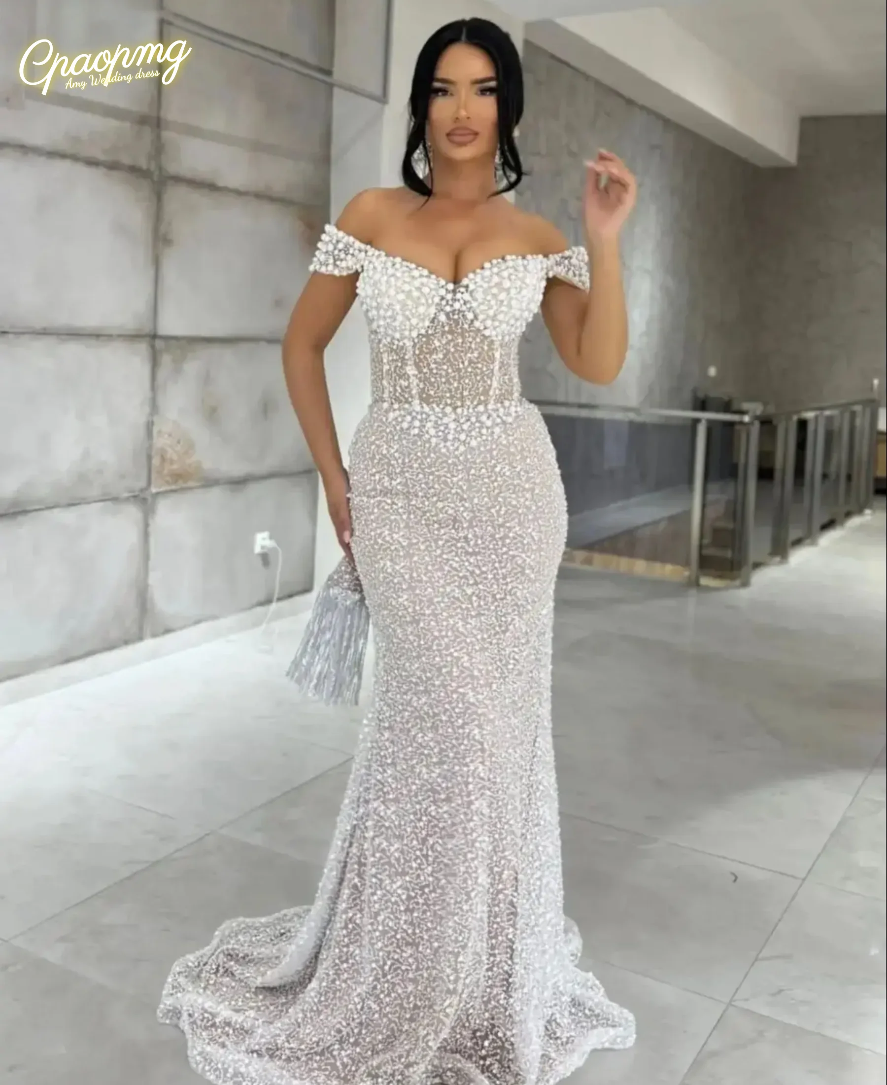 

Белое платье для выпускного вечера с открытыми плечами по индивидуальному заказу, расшитое бисером, платья de noche, длиной до пола, торжественное вечернее платье