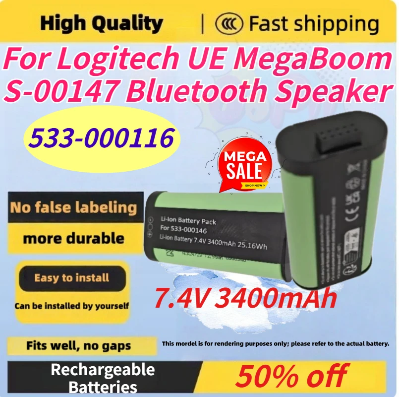 New 533-000116 7.4V 3400mAh Rechargeable Li-Ion Battery Pack for Logitech UE MegaBoom S-00147 Bluetooth Speaker Batteries