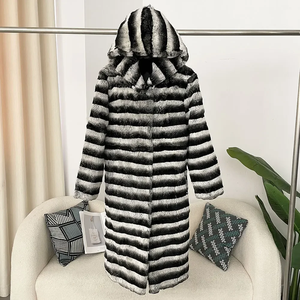 

New Black White Fancy Long Fur Coat Winter Real Rabbit Fur Coat Women Fashion New Warm Comfortable Leather Fur Jacket