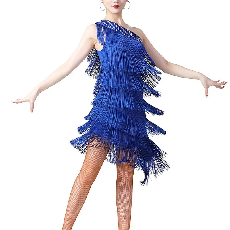 

Women Sequin Elegant One Shoulder Latin Dance Dress Adult Sexy Tassel Fringe Flapper Dress Ballroom Cocktail Dance Costume