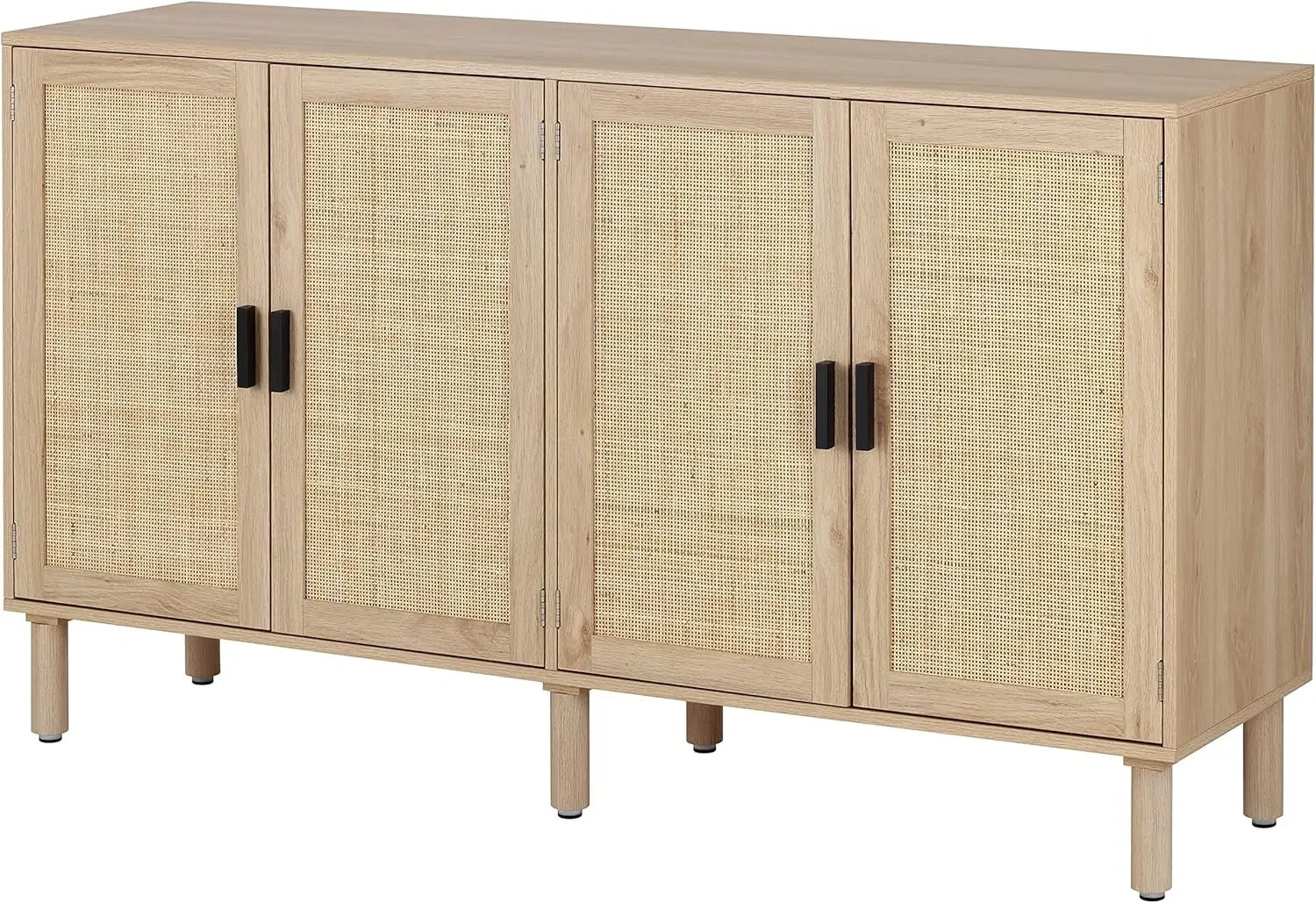 4 Door Sideboard Buffet Cabinet, Kitchen Storage Cabinet with Rattan Decorated Doors, Cupboard Console Table