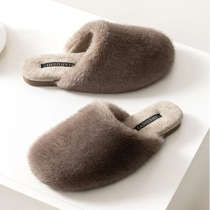 Winter Furry Warm Women's Home Slippers Comfortable Soft Plush Cotton Shoes for Ladies Round-Toe Non-slip Floor Noise Slippers