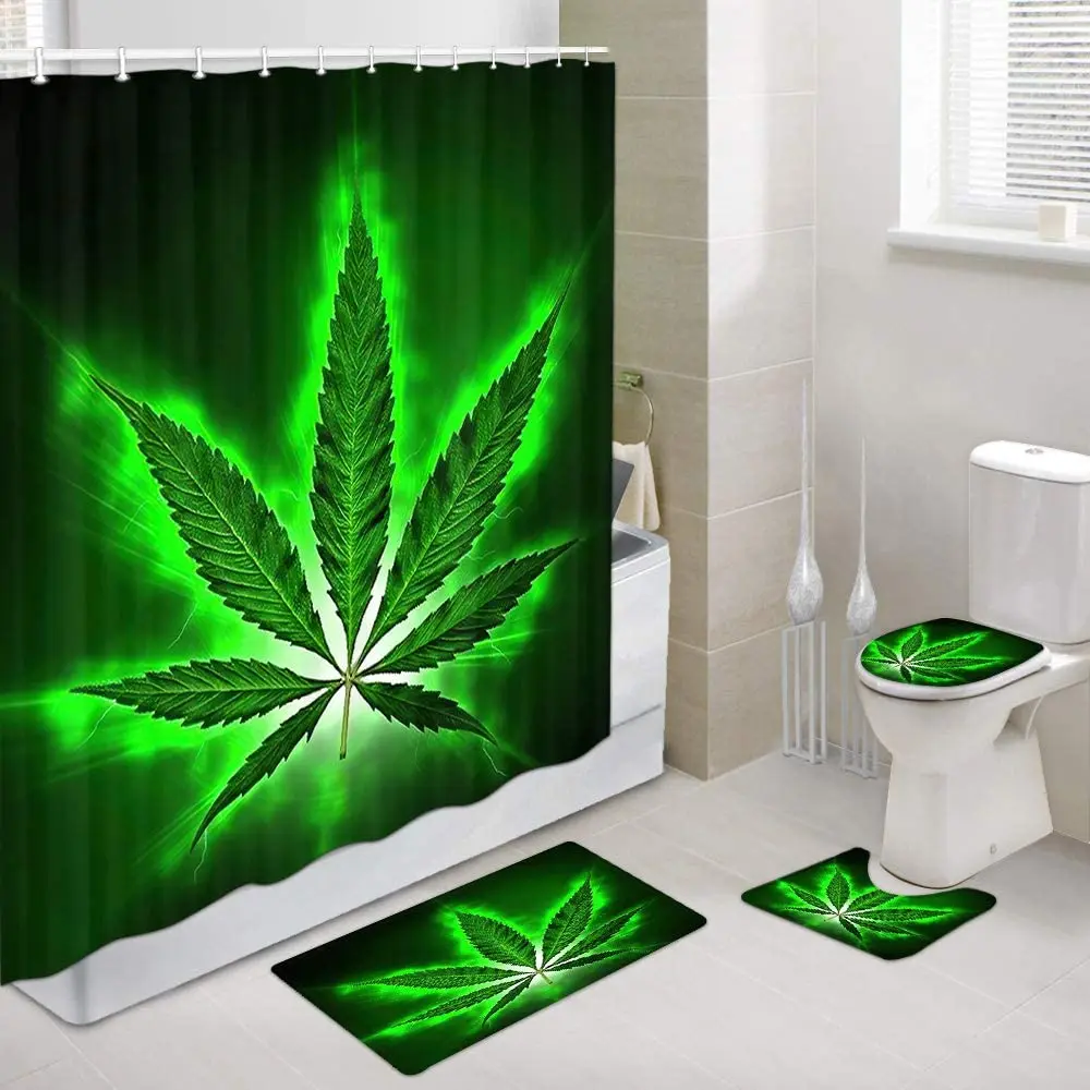 Green Weed Leaf Shower Curtain Set And Rug Set With 12hooks For Bathroom Decor