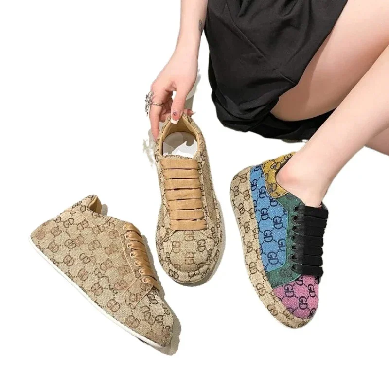 Spring 2024 New Khaki Crystal Women's Sneakers Fashion Versatile Casual Ladies Party Shiny Female Shoes