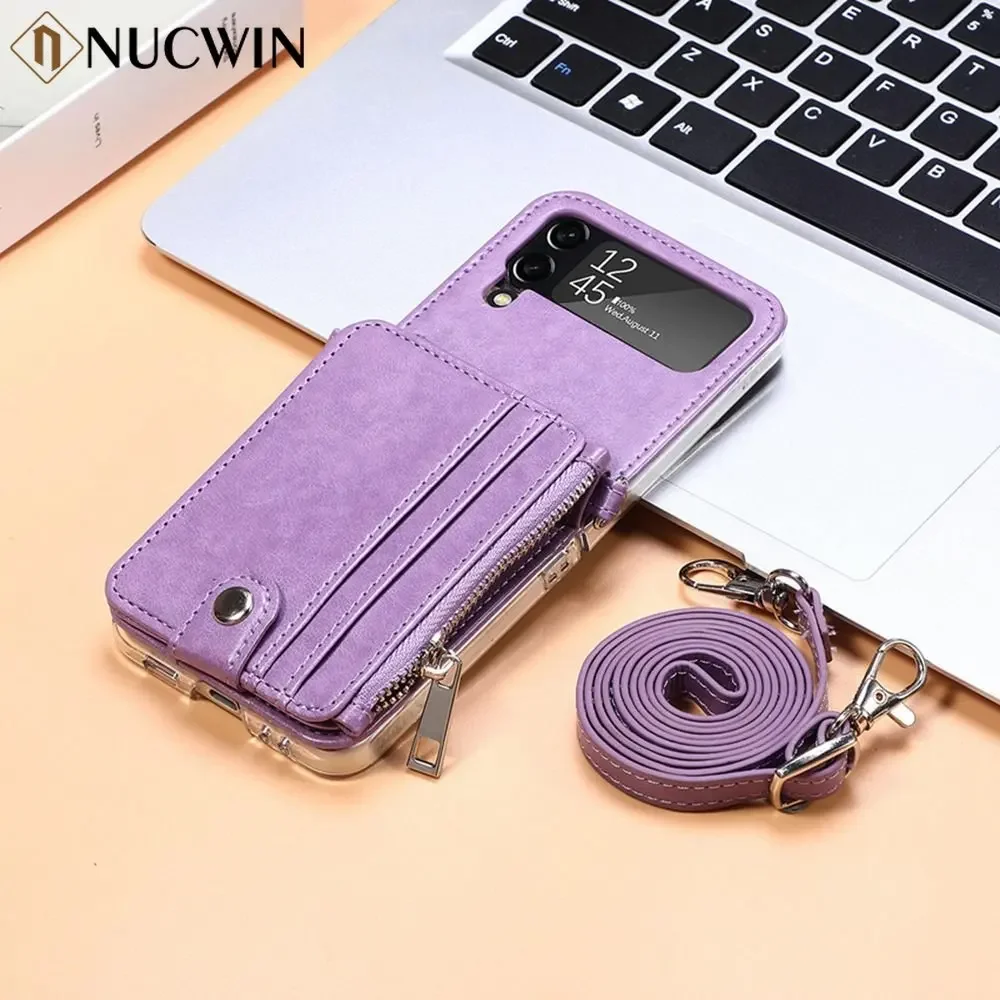 For Samsung Galaxy Z Flip 4 5 Luxury Leather Wallet Lanyard Case For Samsung ZFlip5 Z Flip4 flip4 5 Zip Card Bag Bracket Cover