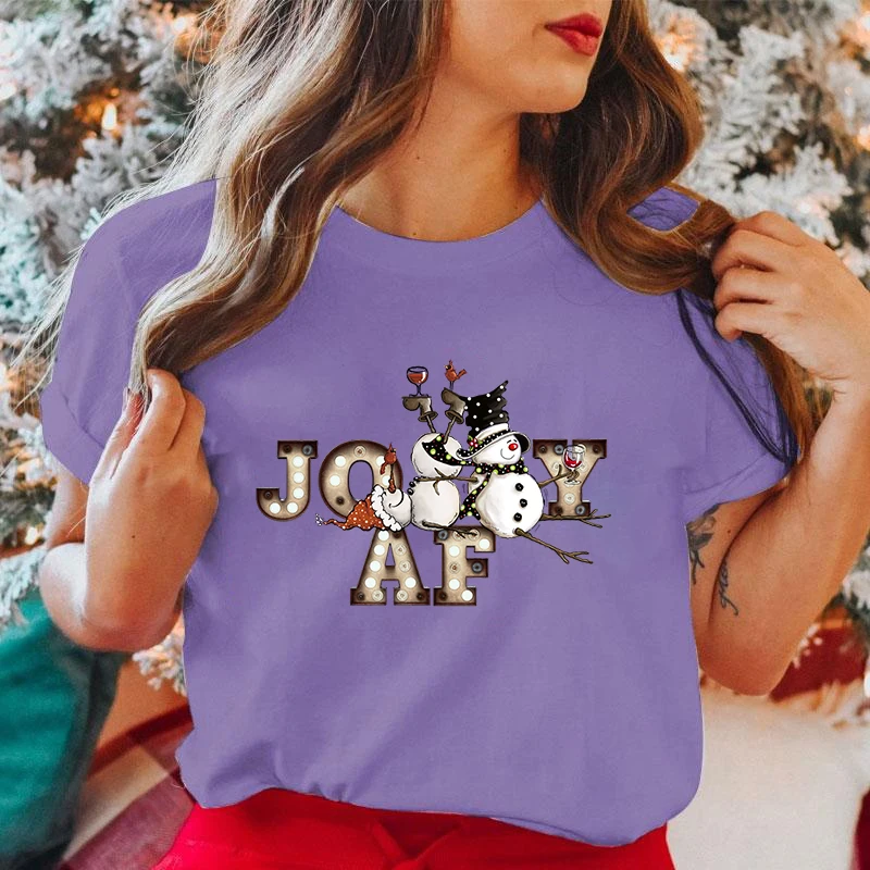 Camiseta con estampado de letras de muñeco de nieve para mujer, camisa informal de manga corta con cuello redondo, Joy Af, Navidad, Premium, Verano