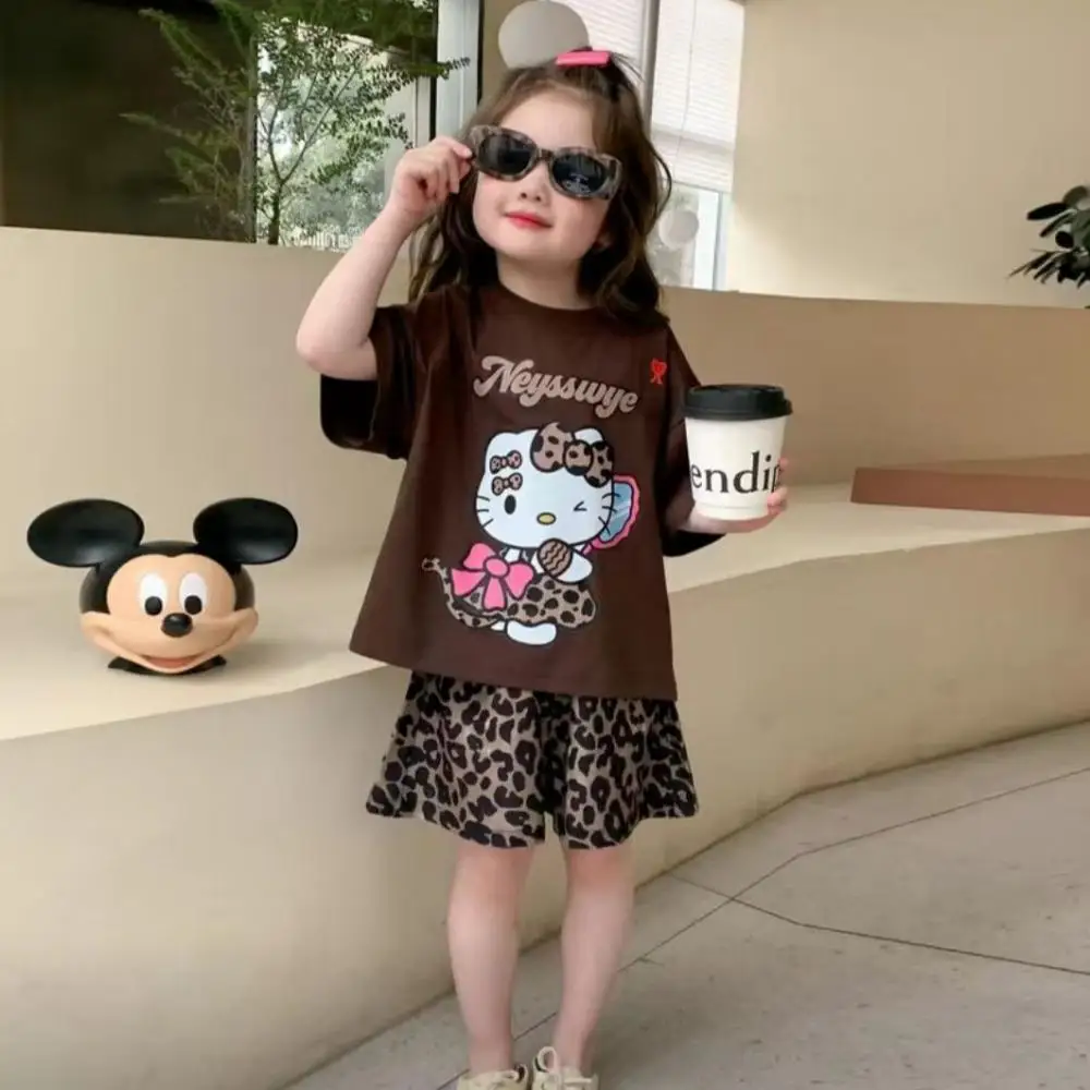 

Sanrio Hello Kitty T-Shirt Sets Children's Tops and Bottom Clothes Set Girl Clothes Summer Short Sleeve Shorts Pants Cardigan