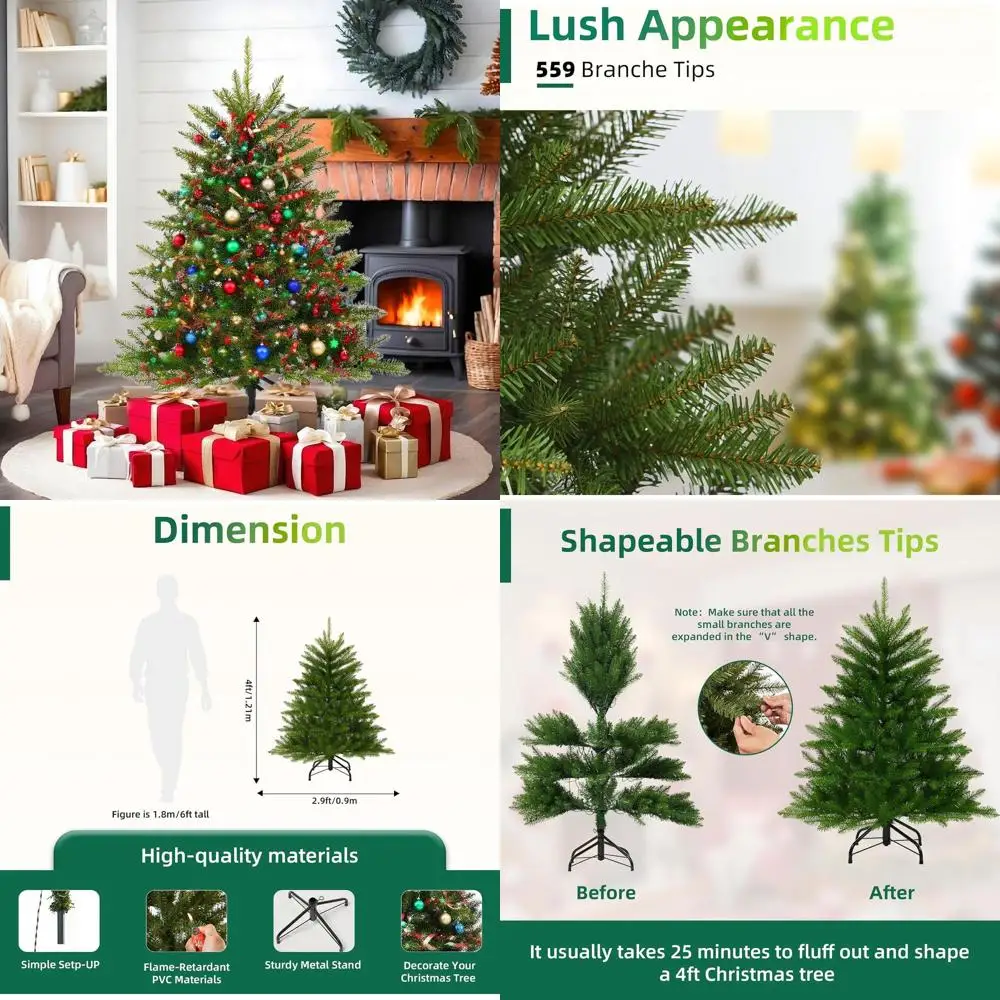

Unlit Artificial Christmas Tree - 4 Feet Tall, Full Green PVC Pine with 559 Branch Tips, Realistic Indoor Holiday Decor, Foldabl