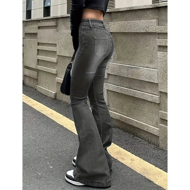 Woman American High Waist Flare Jeans Female Elastic Slim Fit Designer Bell Bottom Pants Girls Fashion Y2k Gray Denim Trousers