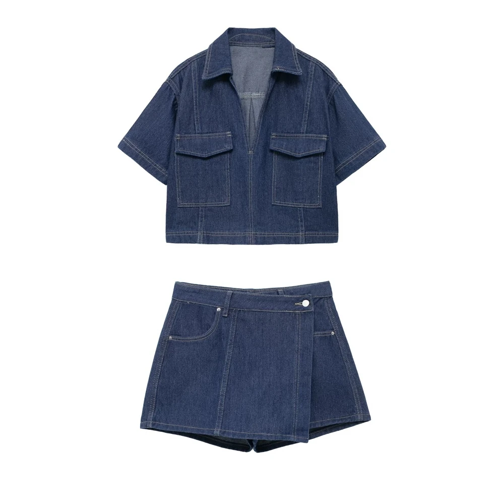 

PB&ZA Women's 2024 Summer New Style Casual Collar Pocket Decoration Short Denim Top/Irregular SkirtPants Set