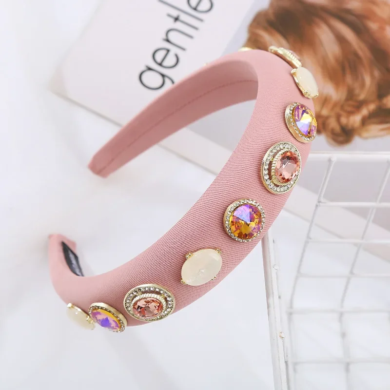 Pastel Blue Padded Hairband Aurora Crystal Jewel Headband Round Opal Stone Hair Hoop Statement Wedding Prom Headpiece view 3