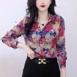 Camisa de manga comprida com gola polo estampada feminina, tops de flores fragmentadas e versáteis, moda casual solta, primavera e outono, nova