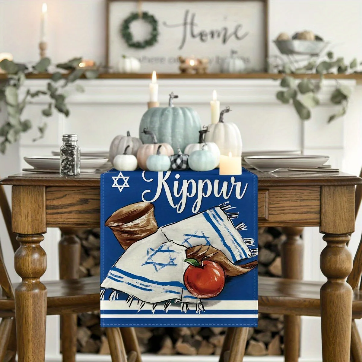 Yom Kippur Horn Pomegranate Hexagram Linen Table Runner Party Decor Reusable Kitchen Dining Table Runner Jewish Holiday Decor