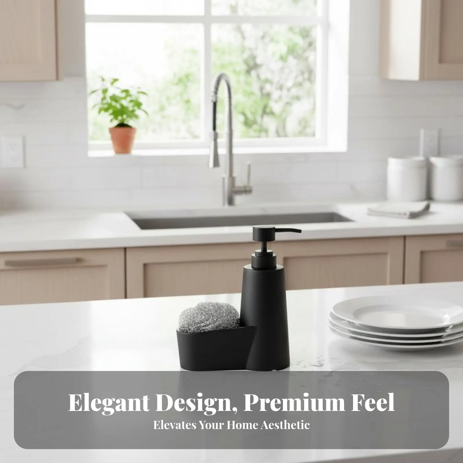 

Dish Soap Pump with Scrubber Holder Single-Hand Use Kitchen Sink Dispenser Holder Countertop Organizer Easy to Clean