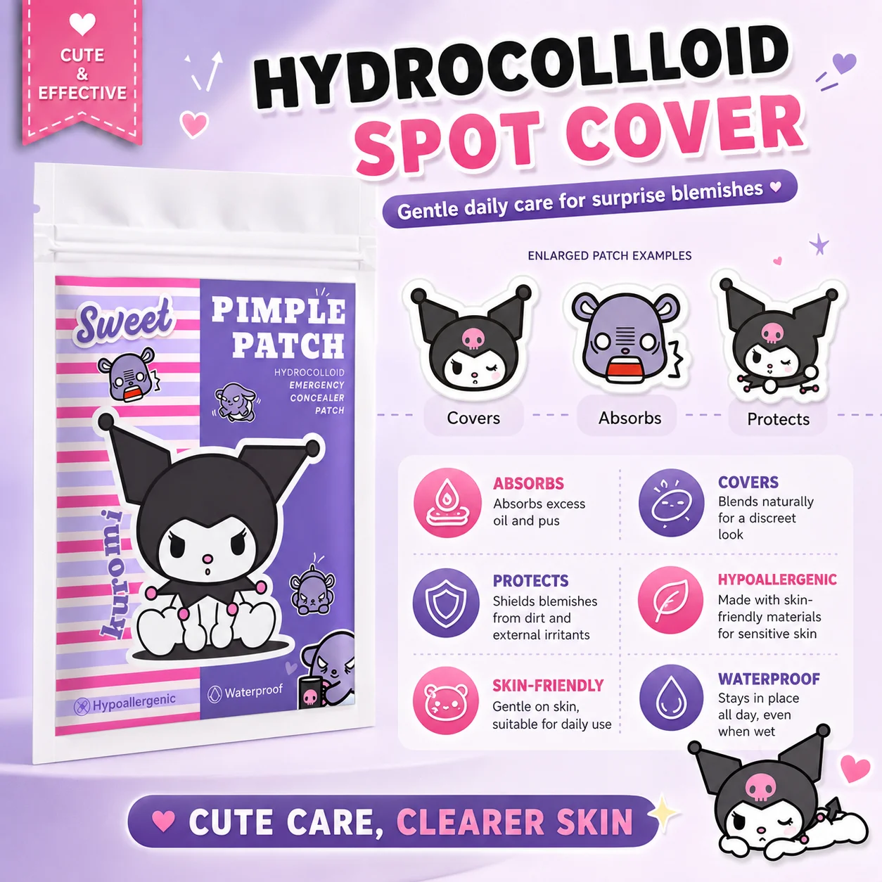 Adesivos para Espinhas Hello Kitty, 100 Unidades de Coberturas Hidrocoloidais para Acne, 25 Designs Divertidos, Suaves, Impermeáveis e Amigáveis à Pel