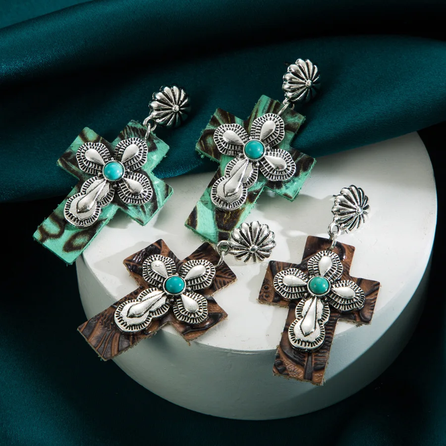 Trendy creative street shot earrings personalized inlaid turquoise leather exaggerated cross earrings independent station hot sa