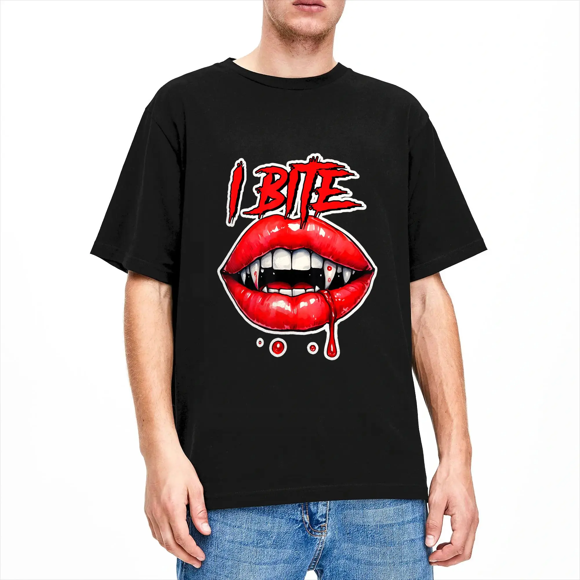 I Bite Sexy Red Lips Halloween Vampire Fangs T-Shirt Beach  Aesthetic T Shirts 100 Cotton Trendy Cool Tee Shirt For Male Tops