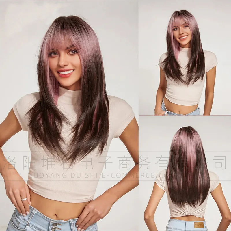 Pink black , European and American women's gradient bangs , layered long straight synthetic hair wig