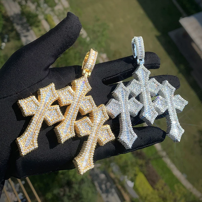 

Хип-хоп 3A + CZ Камень Прокладка Bling Iced Out Тройной Крест Подвески Ожерелье для Мужчин Рэпер Ювелирные Изделия Золото Серебро Цвет