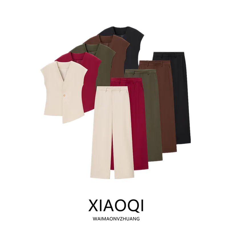 Summer 2025 Women's Faion V-ne-button Vest High Waist Long Pants Ensemble Ele Versatile ort Sve Button-Up Top