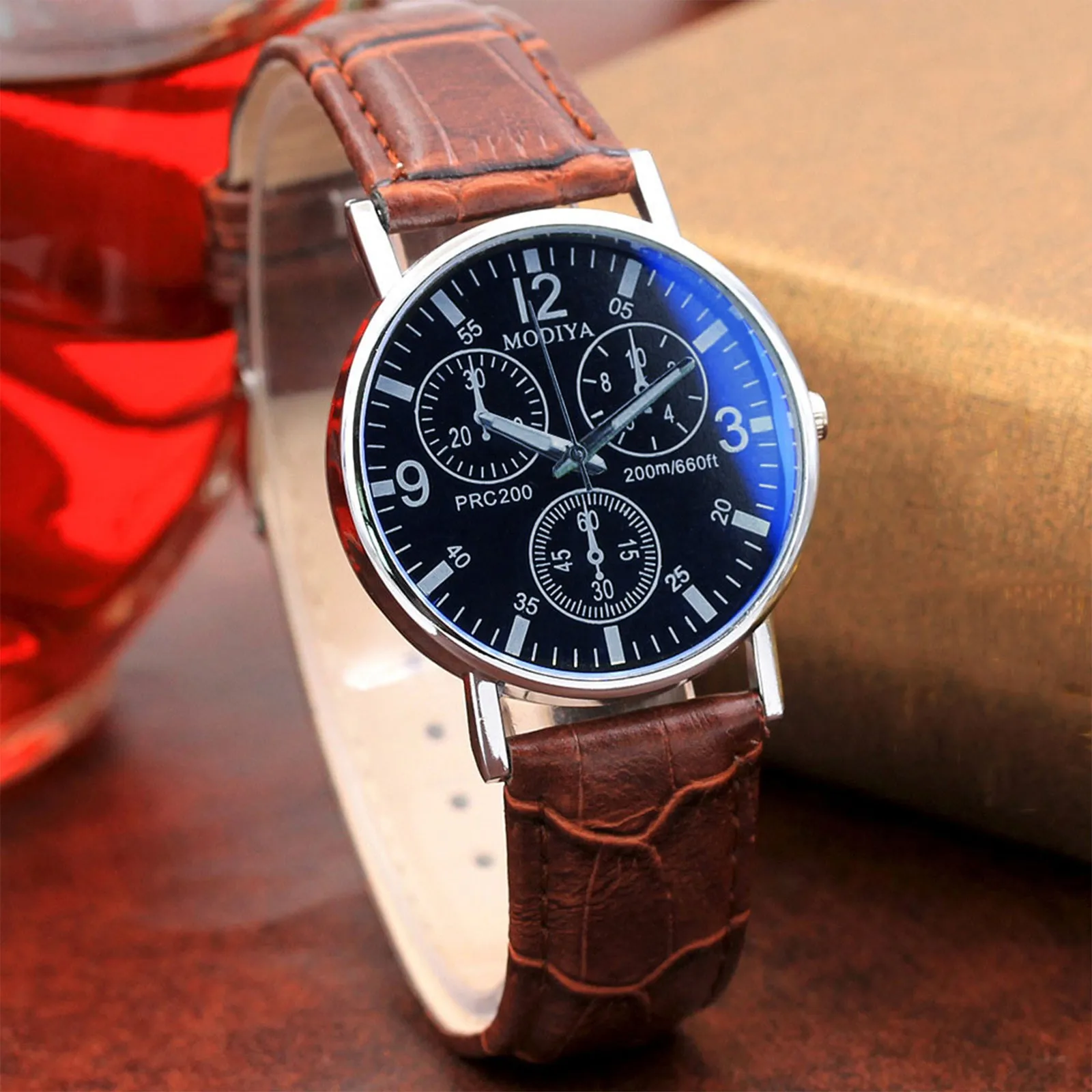 Luxury Six Pin Watches Men Leather Strap Quartz Wrist Watches Men\'s Watch Vintage Blue Glass Belt Watch Relojes Para Hombre