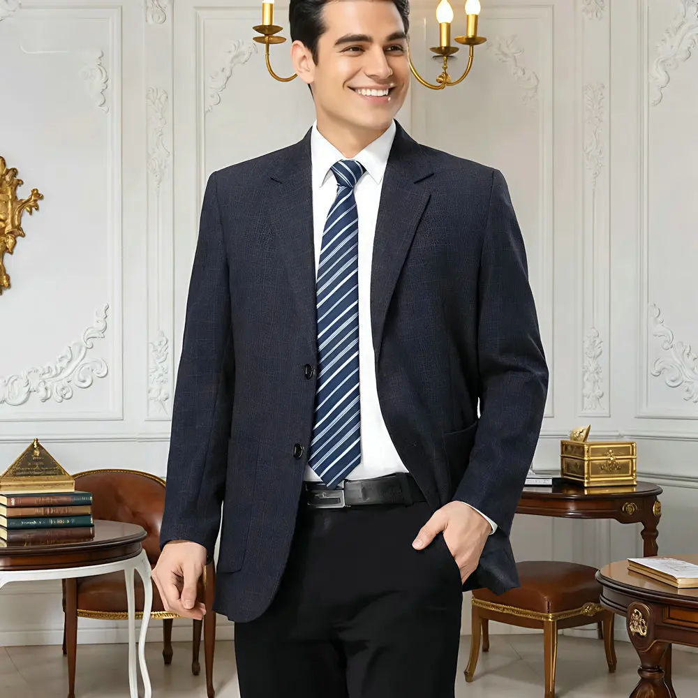 

Men Slim Fit Suit Blazers Business Casual Poly-Viscose Jacket (5 Sizes) Navy & Blue-Grey Plaid Outfits 2025 New Attire Male
