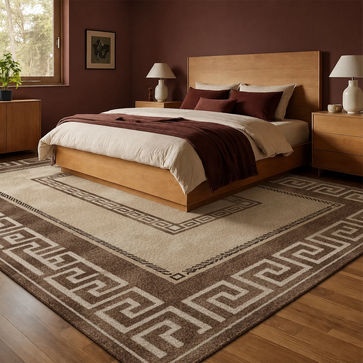 Large Indoor Area Rug, Soft Velvet Low Pile Rug with Non-slip Dotted Backing, Machine Washable Greek Key Pattern in Brown & Beige, Ideal for Living Room, Bedroom, Entryway Decor