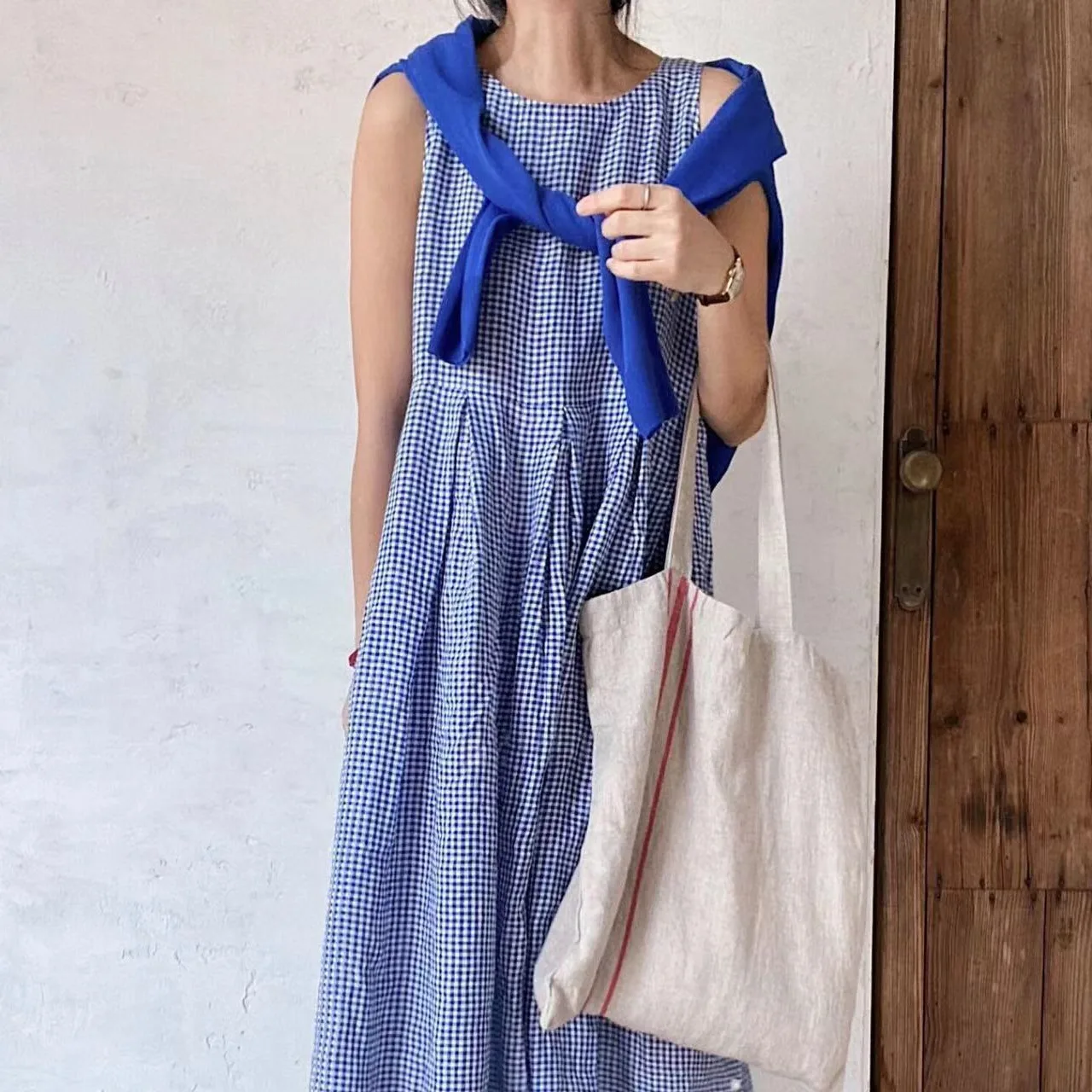 Summer round Ne Side Button Svel Plaid Dr Women's Faion Casual  Dr Cheered Pattern Spring Autumn Wear