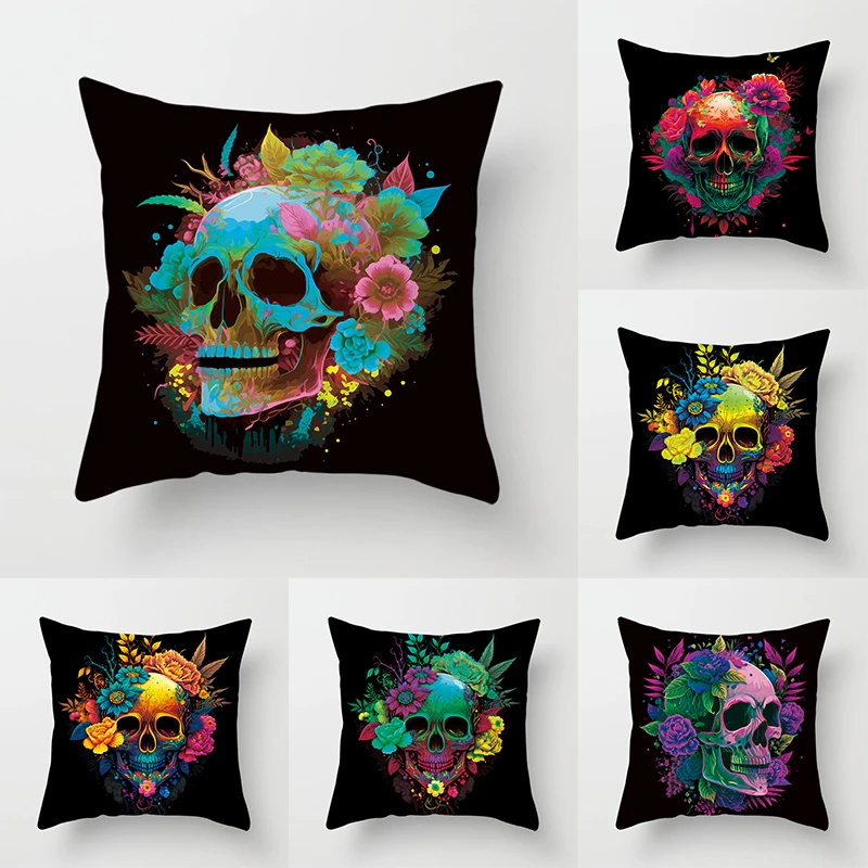 

Colorful Skull Flower Pillowcase Decorative Printing Square Car Sofa Fashion Cushion Cover 45*45cm Home Decoration