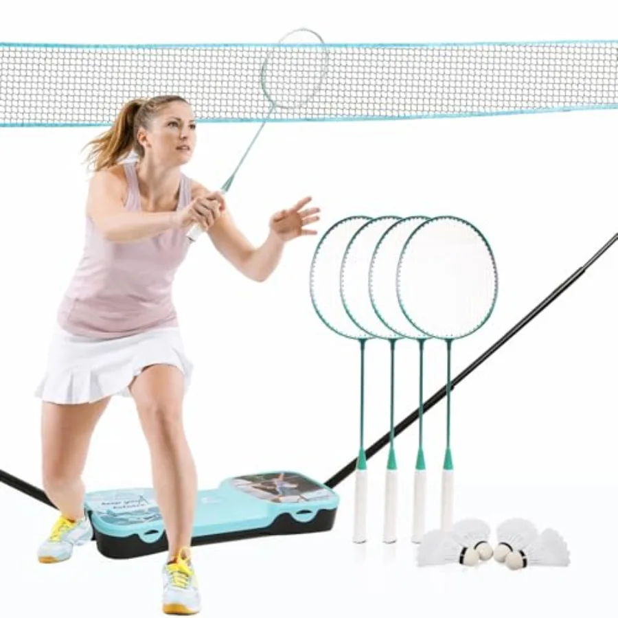 

EasyGo Pro Badminton Set for Backyards Outdoor Games: Steel-Frame Net Adjustable Poles Portable Box 15ft Wide Black/Gray Upgrad