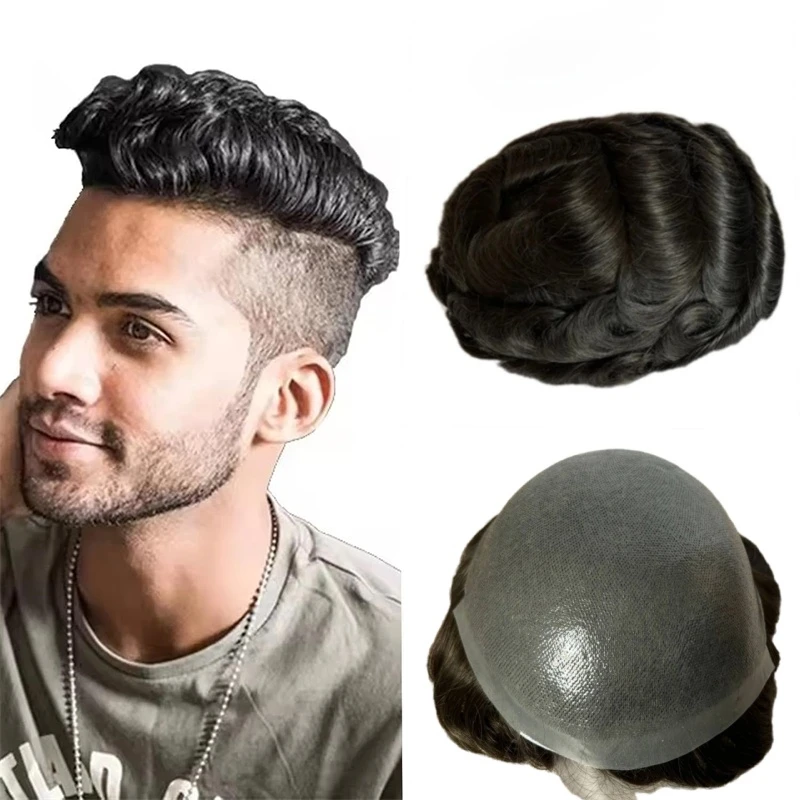 100% Human Hair Replacement Mens Toupee Breathable Men Toupee Biological Scalp Hairpiece Thin Skin Base Male Hair Prosthesis