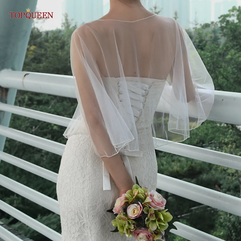 TOPQUEEN Simple Tulle Shawl Summer Transparent Dress Cardigan Bridal Cloak Wedding Blouse Sleeveless Blouse Vg89 customizable