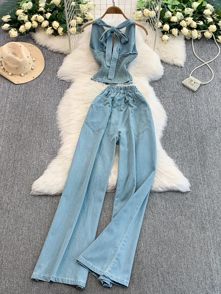 Conjunto de Top de Denim com Decote em V e Cintura Amarrada e Calças Flare de Cintura Alta para Mulheres, Moda de Verão em Du...