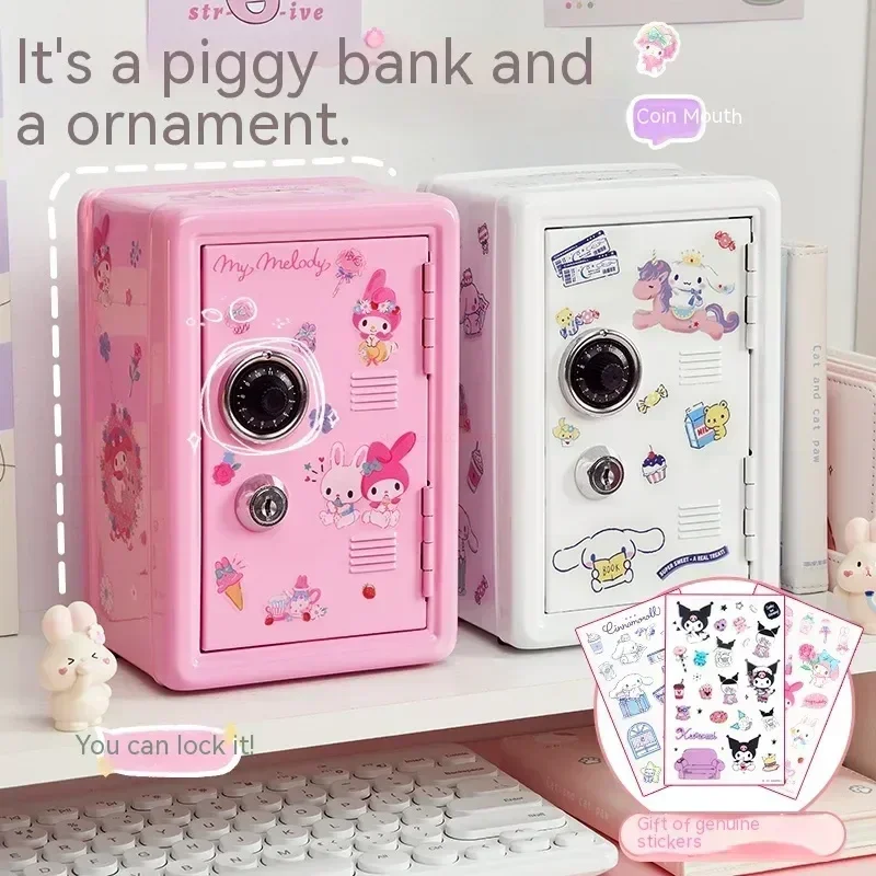 

Sanrio Cute Kawaii Toy My Melody Cinnamoroll Wrought Iron Safe Piggy Bank Anime Heart Cute Sticker Storage Key Cabinet Girl Gift