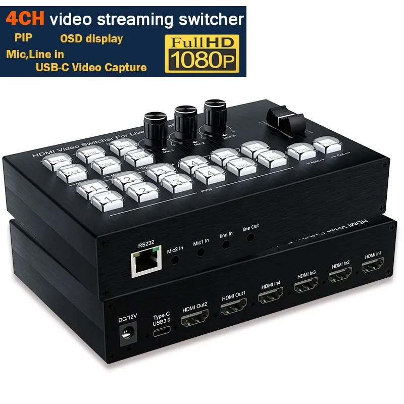 1080P HDMI Video Live Switch 4 in 2 out Broadcast Streaming Video Mixer Station Live Streaming Seamless Switcher Support PIP OBS