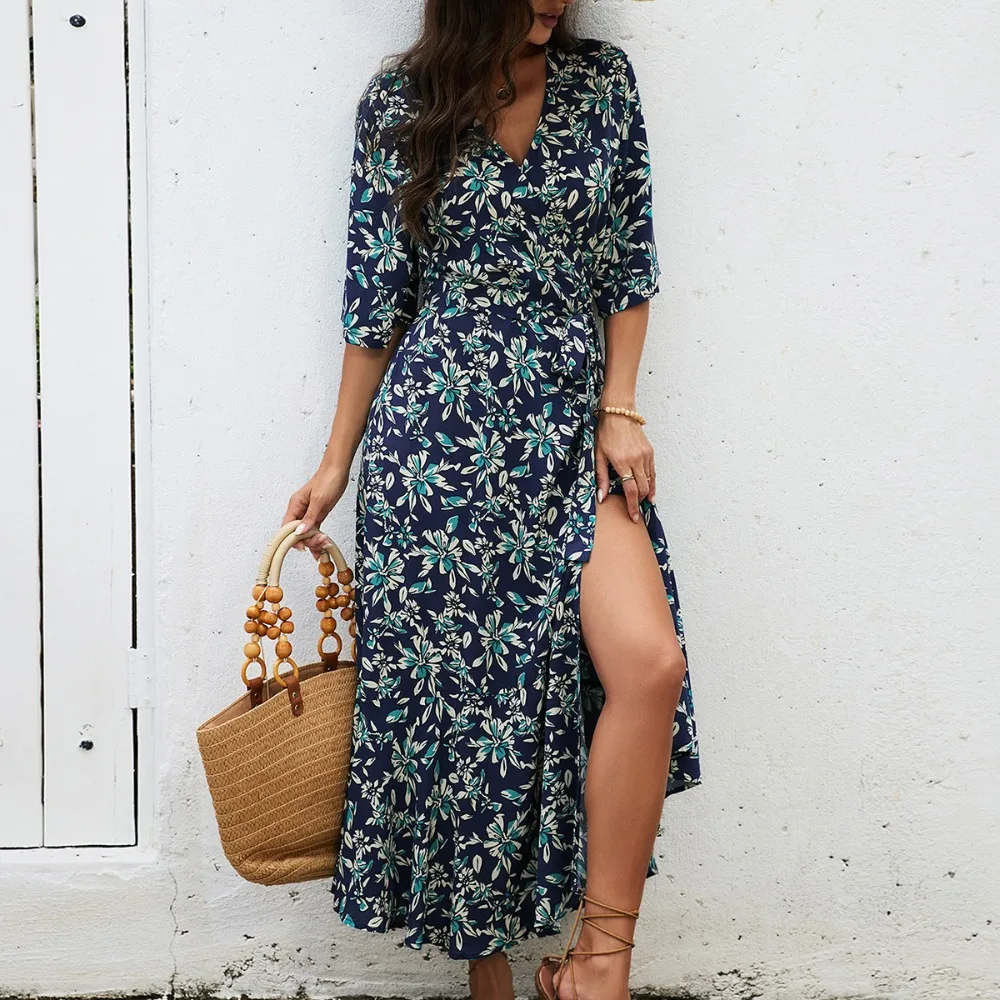 Women Bohemian Wrap Tie Beach Dress Half Sleeve Mermaid Fishtail 2026 Soft Flattering Vacation Party Date Night New