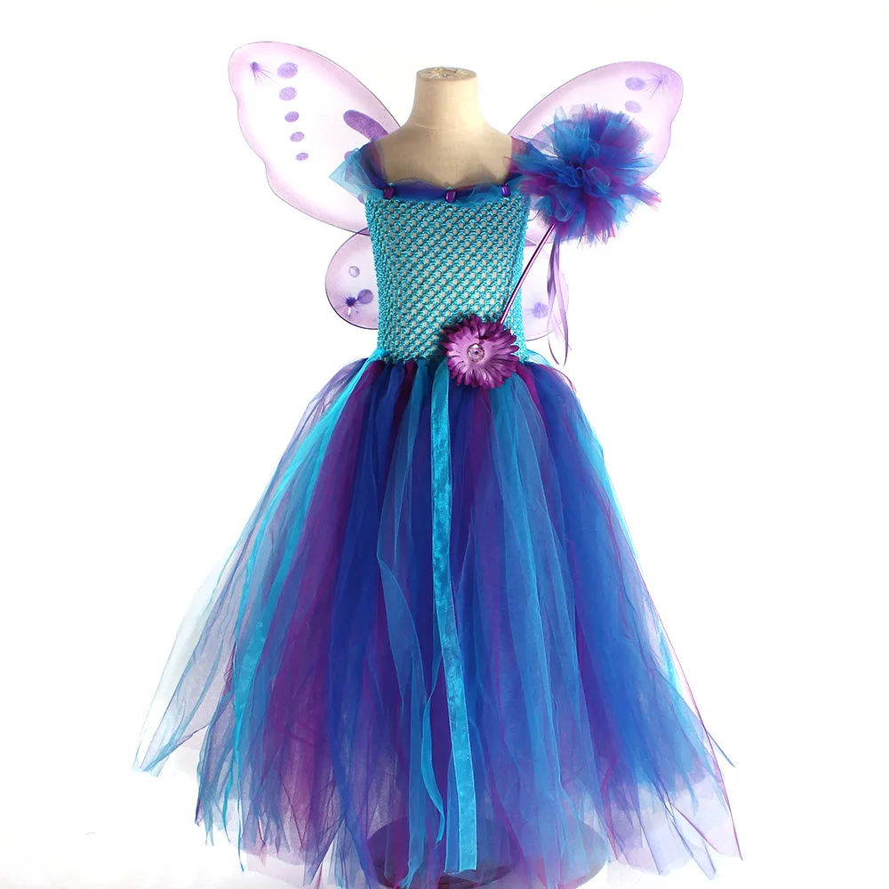 Fairy Princess Girls Tutu Dress with Wings and Wand Kids Birthday Party Pageant Ball Gown Purim Carnival Vestidor Robe Infantil