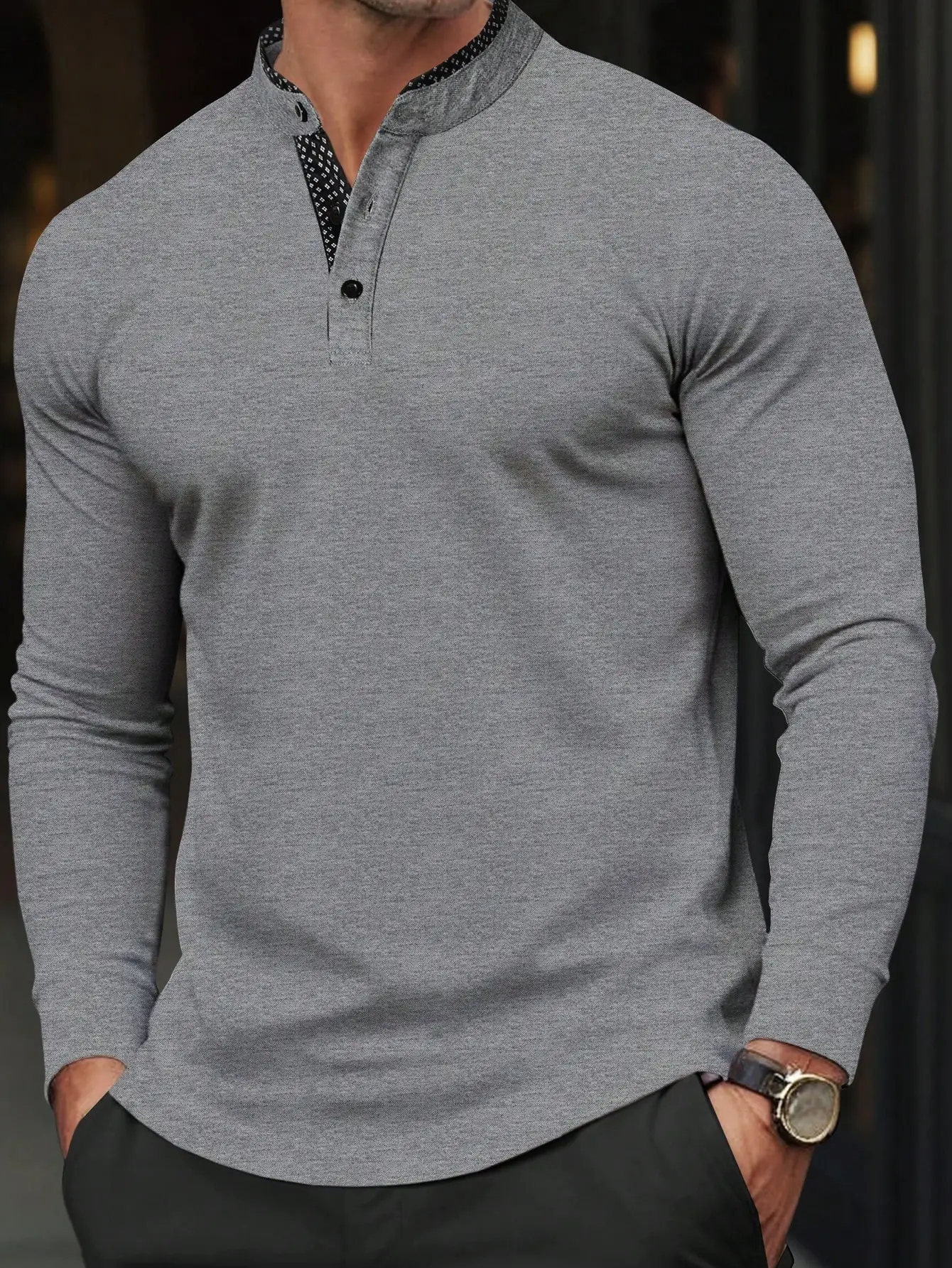 

Men's Gray Long Sleeve Henley Shirt with Contrast Collar, Casual Spring Autumn Wear