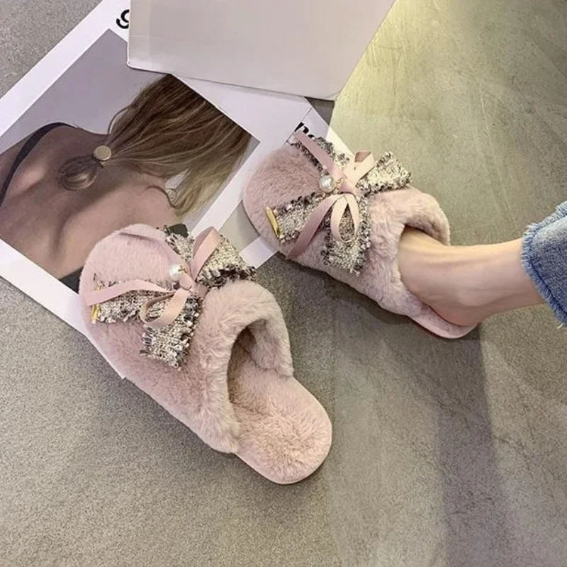 Women's New Autumn Winter Fresh Fuzzy Closed Toe Slippers Flat Anti Slip Indoor Outdoor Wearable Cotton Lined