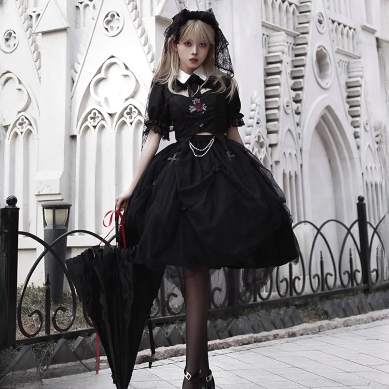 

Design Gothic Style Rose Embroidered Hollow Top Irregular Skirt Suit